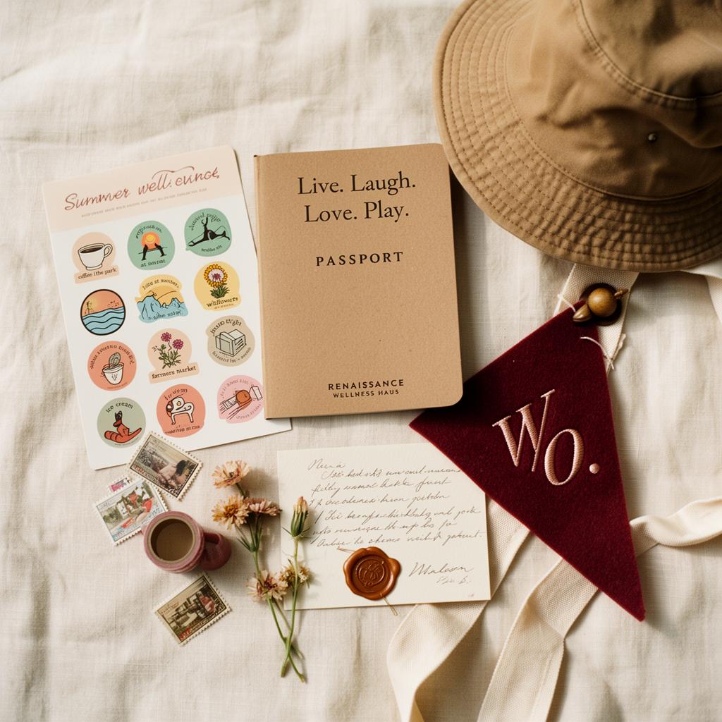 Flat lay of the welcome kit: kraft Summer Passport with Live Laugh Love Play, embroidered patches, sticker sheet, handwritten wax-sealed letter, canvas tote, pennant, W.O. sash, bucket hat